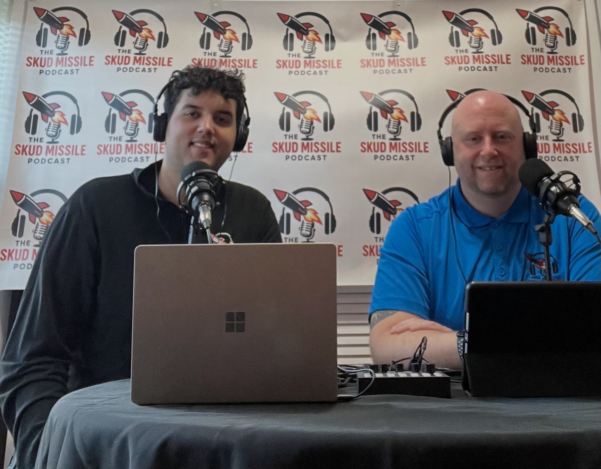 Michael and Ezra Skudera recording The Skud Missile Podcast